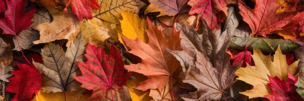 Obraz premium Autumn leaves with a bright combination of reds, oranges, yellows and browns. A banner with a place to copy it.