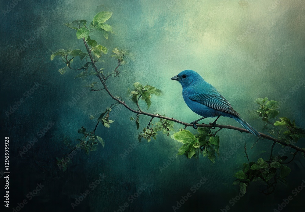 Fototapeta premium Vibrant Blue Bird Perched on a Branch Against a Soft Textured Background in Shades of Green and Blue