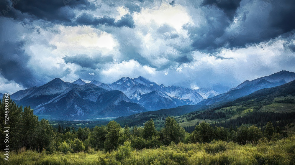Majestic mountain landscape under a dramatic cloudy sky at daytime Majestic mountain landscape under a dramatic cloudy sky at daytime