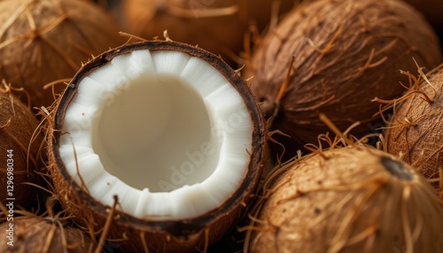  A cracked open coconut with white flesh among other coconuts on a bed of husk