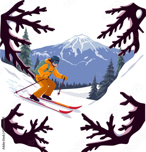 a man riding skis down a snowy slope with trees and mountains in the background