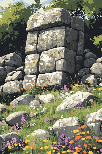 Moss covered ancient stones and wildflowers