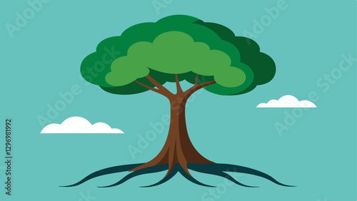 Tree with Deep Roots An illustration of a strong tree with deep roots standing firm against strong winds symbolizing stability and resilience.