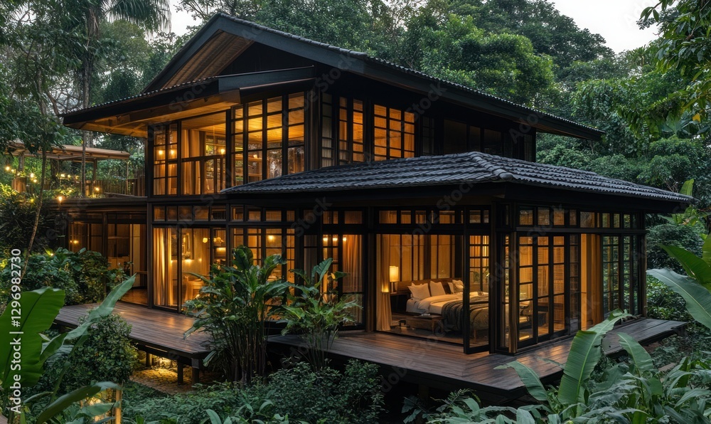 Modern Asian home, jungle setting, night view, luxurious interior Modern Asian home, jungle setting, night view, luxurious interior