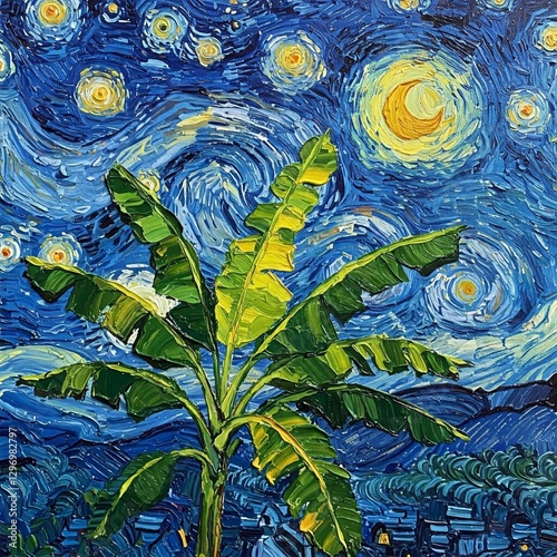 banana tree in a Van Gogh-inspired swirling starry night background, painted in vivid brushstrokes.