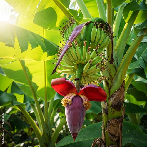 ide view of a banana tree with a hanging banana blossom, capturing the rich purple and red hues of the flower.
