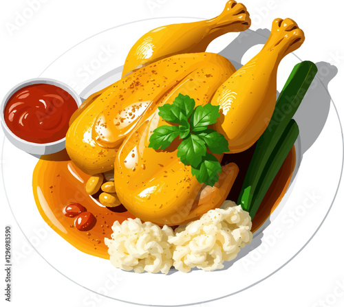 a picture of a chicken on a plate with a side dish of mas 