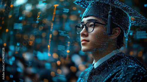 graduate wearing cap and gown is surrounded by digital data, symbolizing futuristic smart education and AI integration. scene reflects innovation and technology in learning