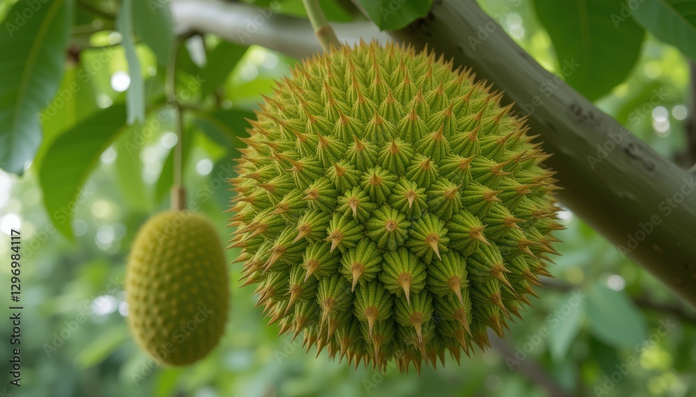 Large durian fruit on tree branch with another smaller durian in the background Large durian fruit on tree branch with another smaller durian in the background