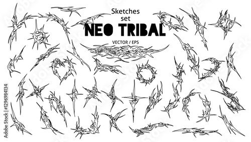 Set of neo tribal Tattoo element. Cyber Gothic Designs. Abstract Y2k Hand Drawn shapes streetwear elements Cybersigilism ornament