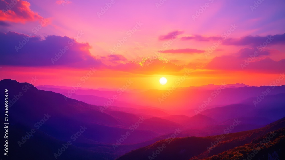 Fototapeta premium A beautiful sunset illuminates the mountains with vibrant colors and light