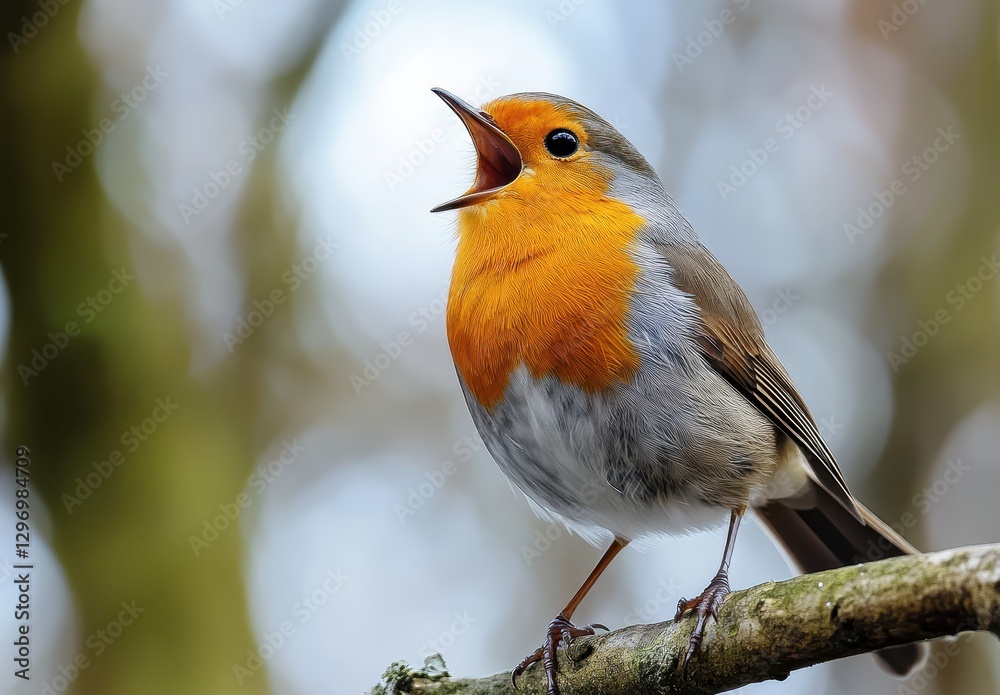 Fototapeta premium Vibrant European Robin Singing on a Branch Surrounded by Nature in a Soft Focus Background