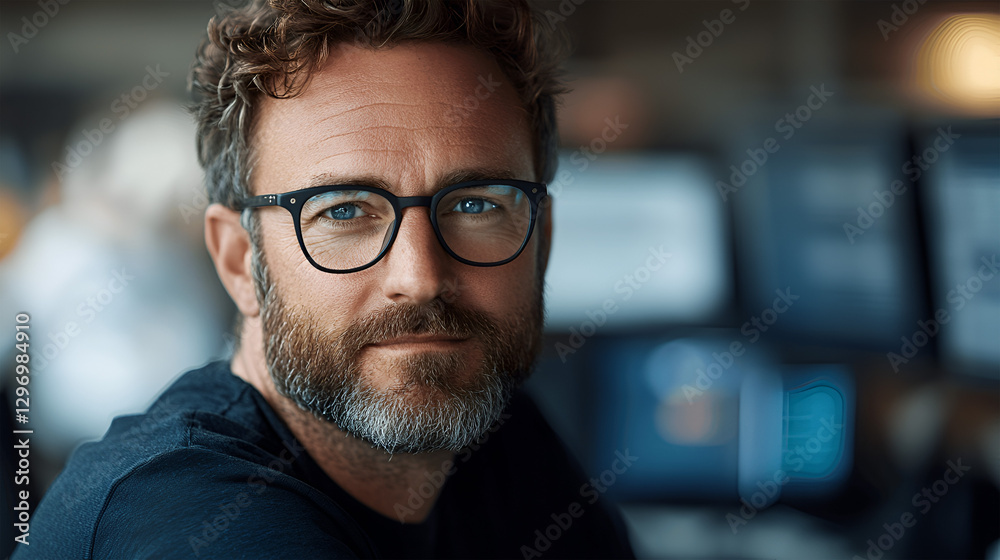 Happy middle aged professional business man, older executive ceo manager, smiling mature entrepreneur wearing glasses and shirt sitting at office desk working on laptop computer. Copy space. Portrait. Happy middle aged professional business man, older executive ceo manager, smiling mature entrepreneur wearing glasses and shirt sitting at office desk working on laptop computer. Copy space. Portrait.