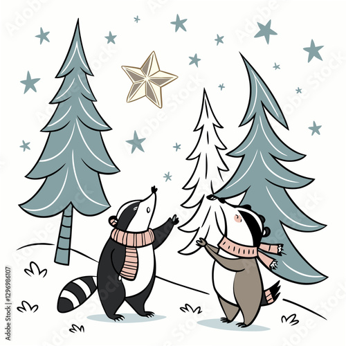 Whimsical winter forest clipart with cartoonish trees, snowdrifts, and sparkly stars.