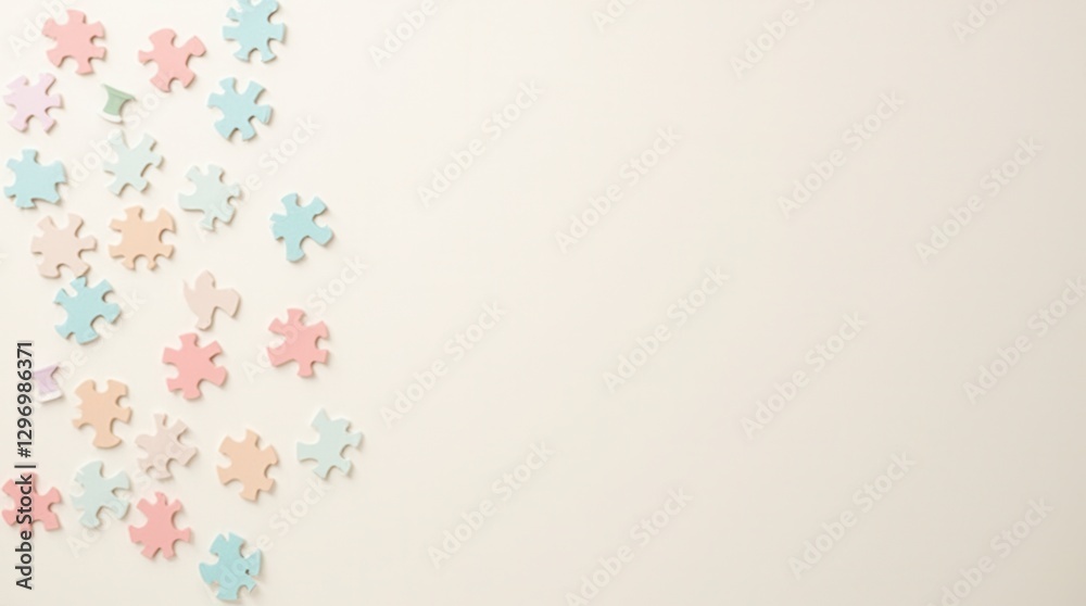 Playful Scattered Pastel Puzzle Pieces on White Background Playful Scattered Pastel Puzzle Pieces on White Background