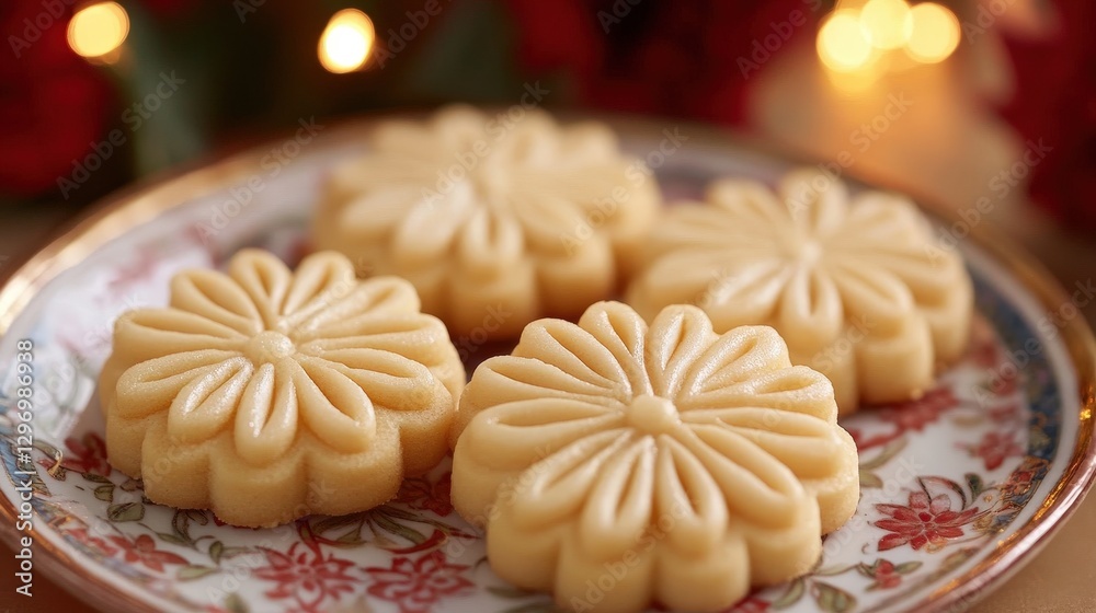 Delicate Kuih Dahlia Cookies on Batik Plate with Blurred Lights Delicate Kuih Dahlia Cookies on Batik Plate with Blurred Lights
