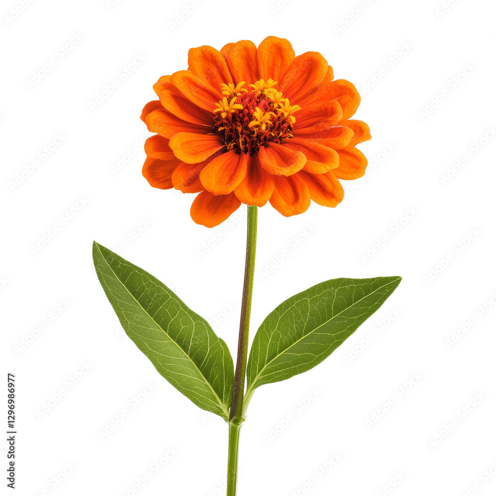 Orange Zinnia Flower with Leaves Isolated on Transparent Background, Botanical Illustration, Floral Design, Zinnia, Flower, PNG Orange Zinnia Flower with Leaves Isolated on Transparent Background, Botanical Illustration, Floral Design, Zinnia, Flower, PNG