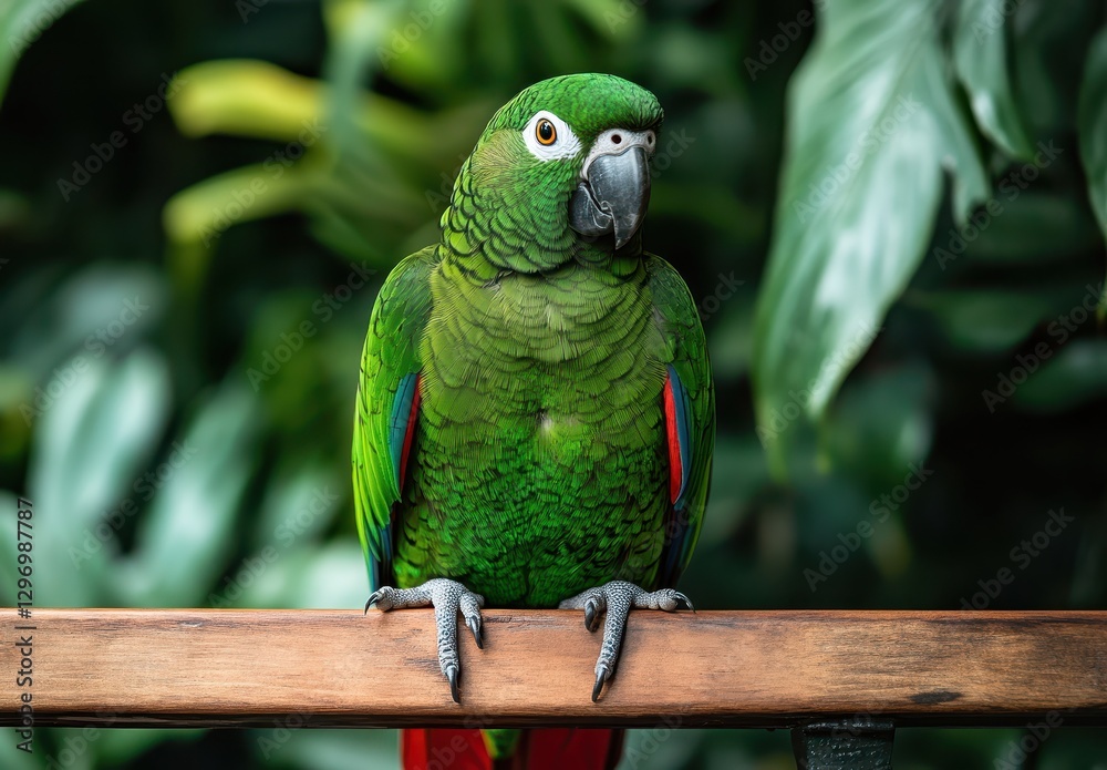 Obraz premium Vibrant Green Parrot Perched on a Wooden Rail Amidst Lush Greenery in a Tropical Environment with Colorful Feathers Detail