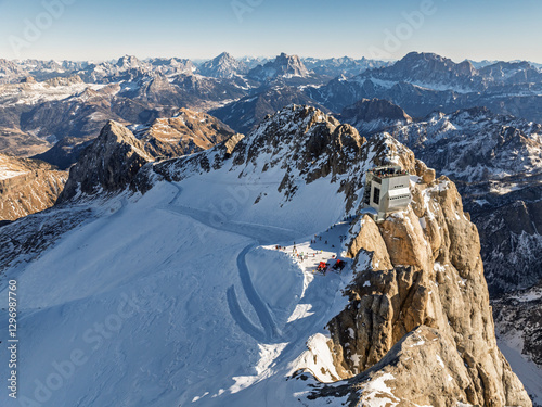 Obraz na płótnie Aerial View Of Marmolada Glacier From Drone, Dolomite Mountains. Sella Ronda group and the Marmolada group in winter. Marmolada in winter, Dolomites and Tauern range in background, Dolomites, Italy. w salonie