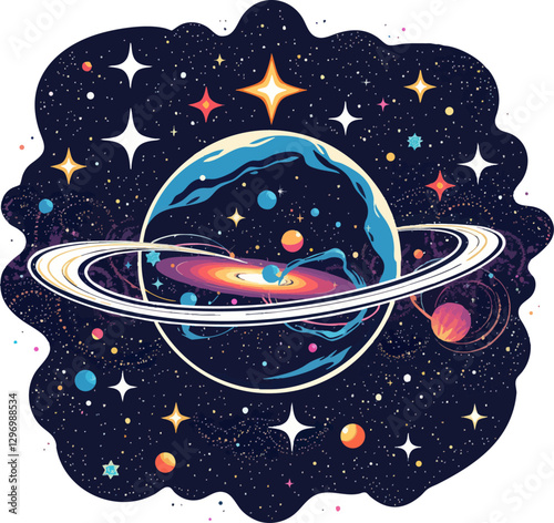 a black and white logo with an image of saturn