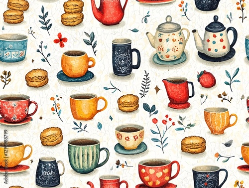 Charming pattern of elegant tea cups arranged beautifully to create a cozy and inviting atmosphere for tea lovers