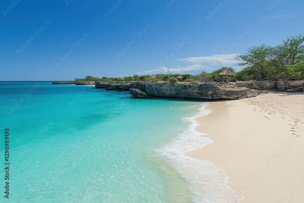 Fototapeta premium Serene beach scene with turquoise waters, soft sand, and rocky cliffs under a clear blue sky