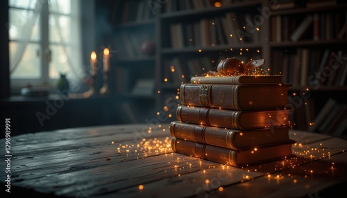  Stack of antique books with a glowing orb and sparkles on top in a dimly lit room