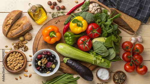 Wallpaper Mural Mediterranean Diet: Vegetables, fruits, nuts, legumes, whole grain products, olive oil, fish, seafood, white meat. Perfect for fitness websites and blogs. Torontodigital.ca