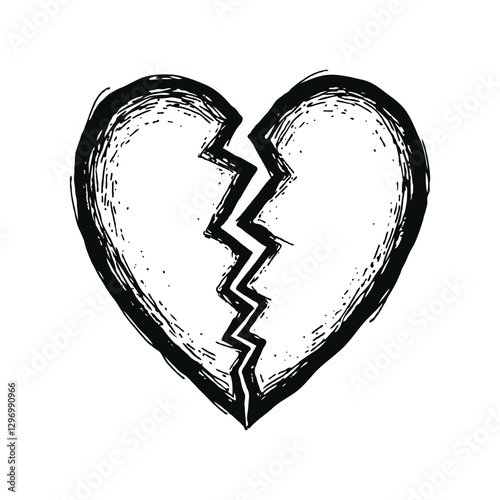 A broken heart drawn in a sketch style, featuring bold black strokes on a white background, symbolizing heartbreak and sadness.