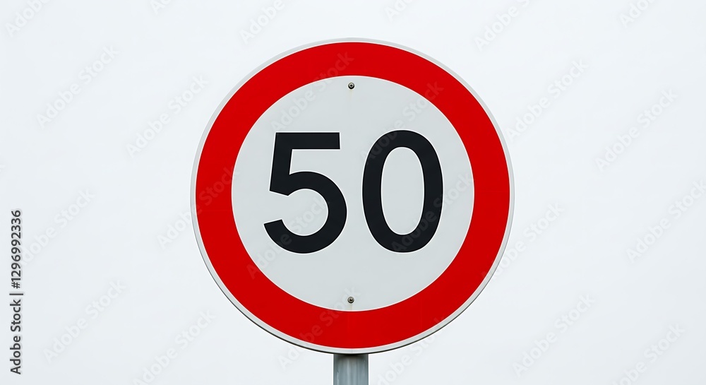 A circular red and white speed limit sign displaying '50', against a white background A circular red and white speed limit sign displaying '50', against a white background