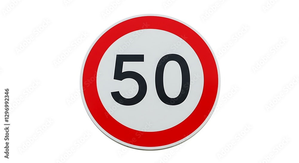 A circular red and white speed limit sign displaying '50', against a white background A circular red and white speed limit sign displaying '50', against a white background