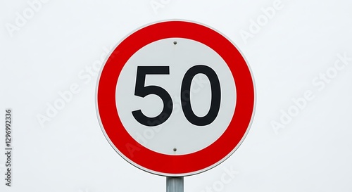 A circular red and white speed limit sign displaying '50', against a white background