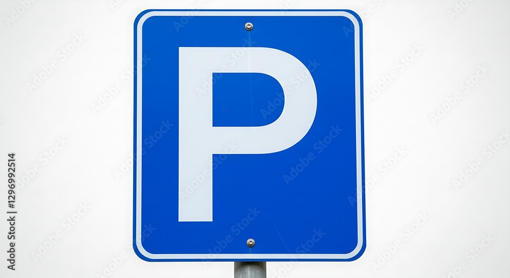 A blue parking sign with a bold white 'P', centered on a plain white background A blue parking sign with a bold white 'P', centered on a plain white background