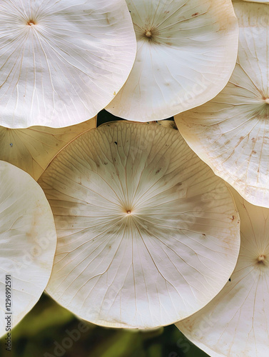 A macro photo of overlapping white, translucent water lily leaves with subtle textures and organic imperfections. The soft, radial patterns and earthy details create a delicate, natural composition.