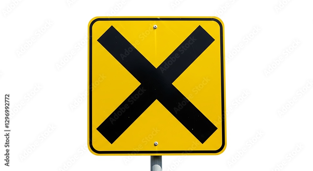A railroad crossing sign in black and yellow, featuring an 'X' symbol, isolated on a white background A railroad crossing sign in black and yellow, featuring an 'X' symbol, isolated on a white background