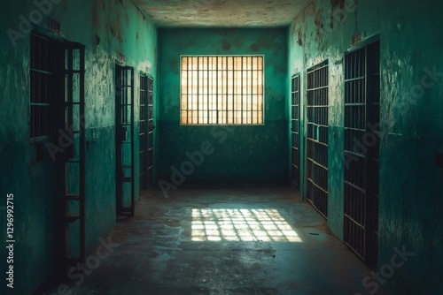 Corridor of prison cells with barred window illuminating floor photo