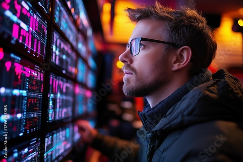A trading professional analyzing market metrics on a large screen
