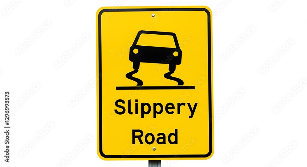 A slippery road warning sign in yellow, featuring a car skidding icon, centered on a white background A slippery road warning sign in yellow, featuring a car skidding icon, centered on a white background