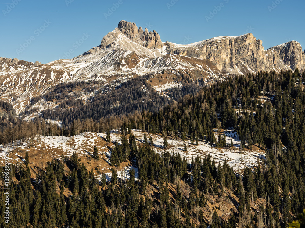 Panoramic view of the Dolomites mountains in winter, Italy. Santa Fosca Civetta resort.Ski resort in Dolomites, Alps in Italy. Aerial drone view of Santa Fosca ski slopes and mountains in dolomites.