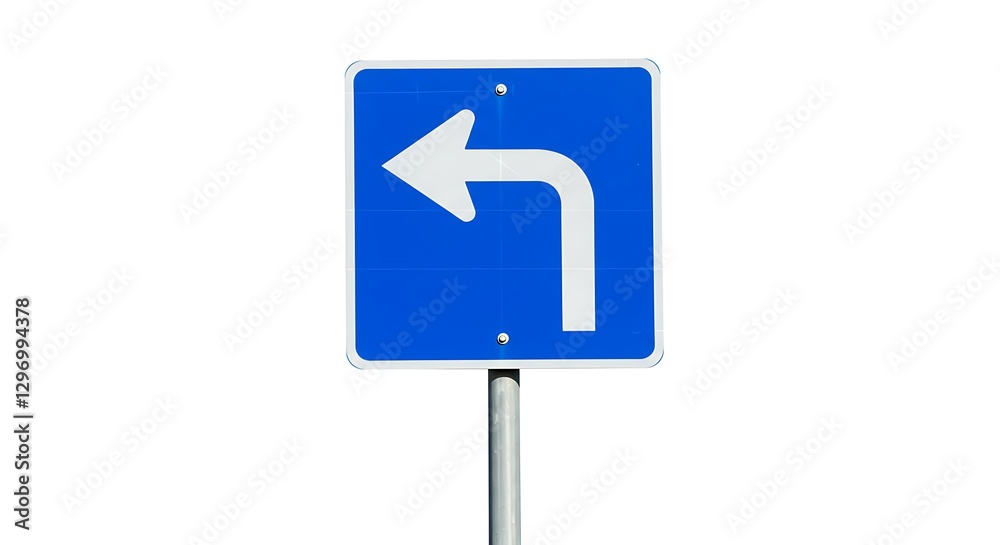 A left turn only traffic sign in blue and white, isolated on a plain white background A left turn only traffic sign in blue and white, isolated on a plain white background