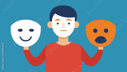 Two Masks A person holding two masksone smiling and the other frowningrepresenting the conflict between presenting a confident front and harboring selfsabotaging thoughts.