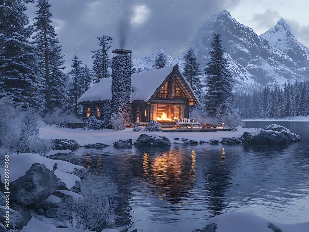 Fototapeta premium Snowy cabin by lake at dawn