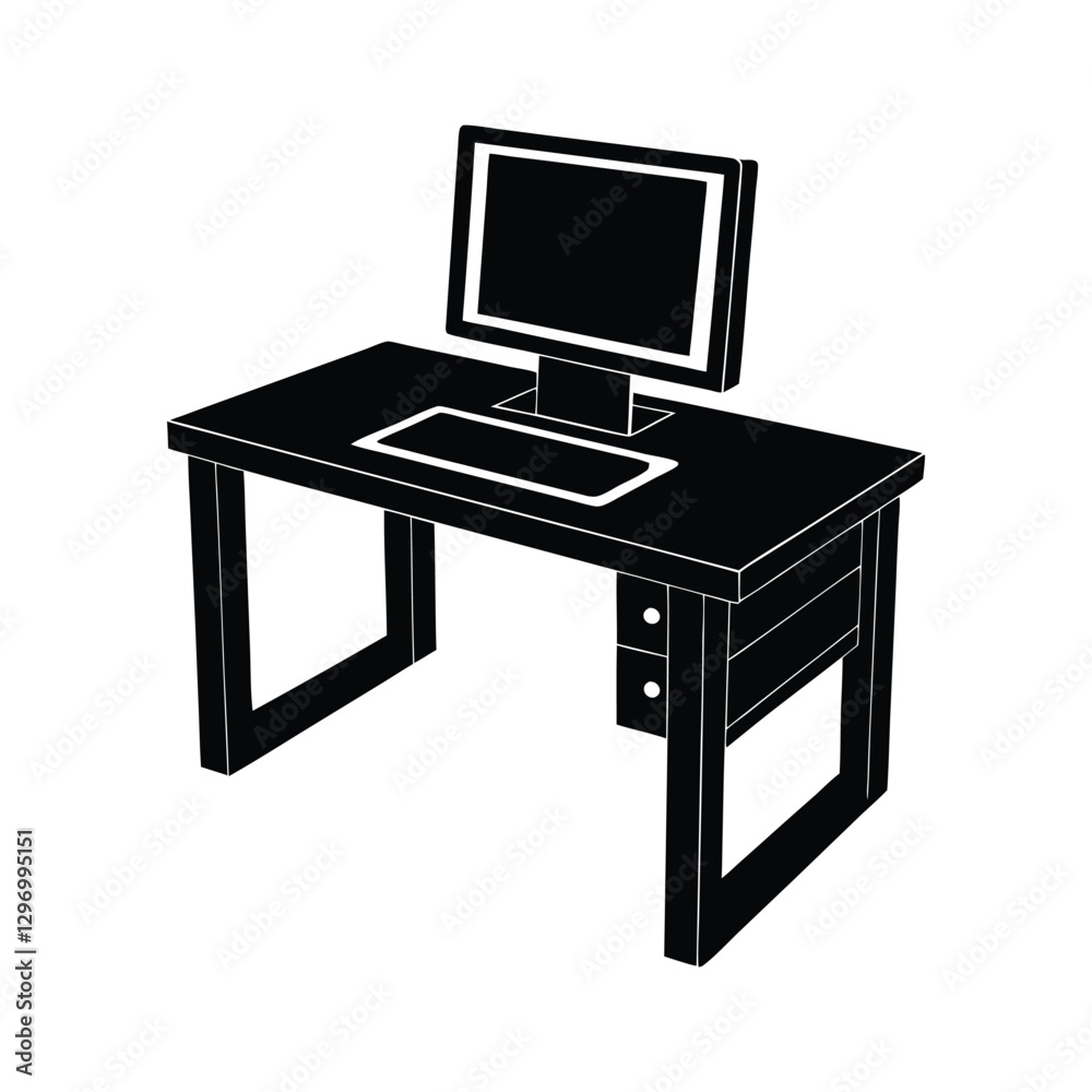 computer and desk silhoutted on white background. computer and desk silhoutted on white background.