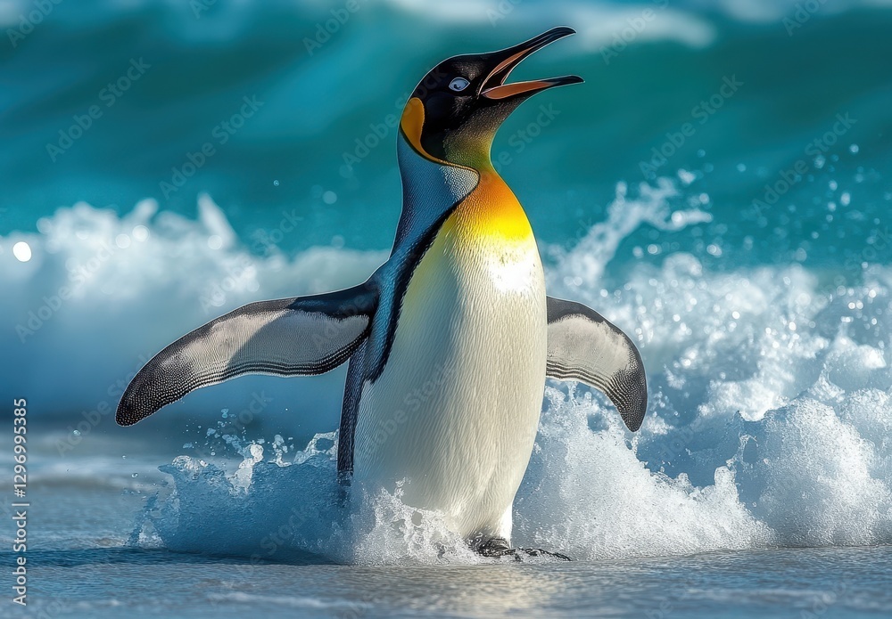 Fototapeta premium Vibrant penguin splashing through ocean waves on a sunny day, showcasing its unique colors and playful nature in a stunning natural environment