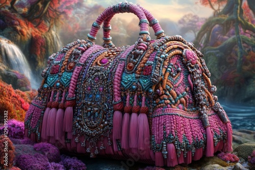 Intricately beaded and tasseled pink handbag rests on mossy rocks near a waterfall in a digitally rendered fantastical landscape. The bag features diverse textures and jewel tones photo