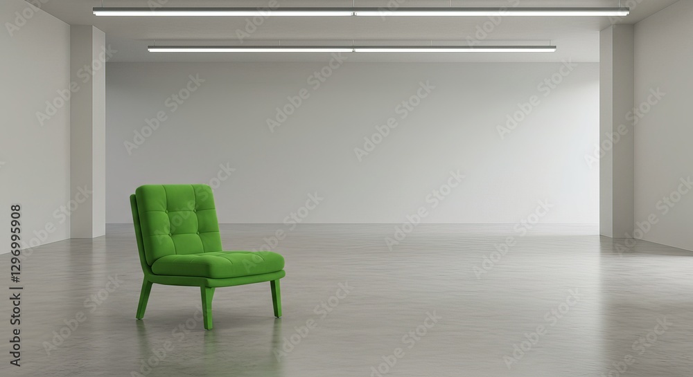 Fototapeta premium A single vibrant green upholstered chair sits in a spacious, minimalist room with bright overhead lighting and polished concrete floors. The walls are plain white.