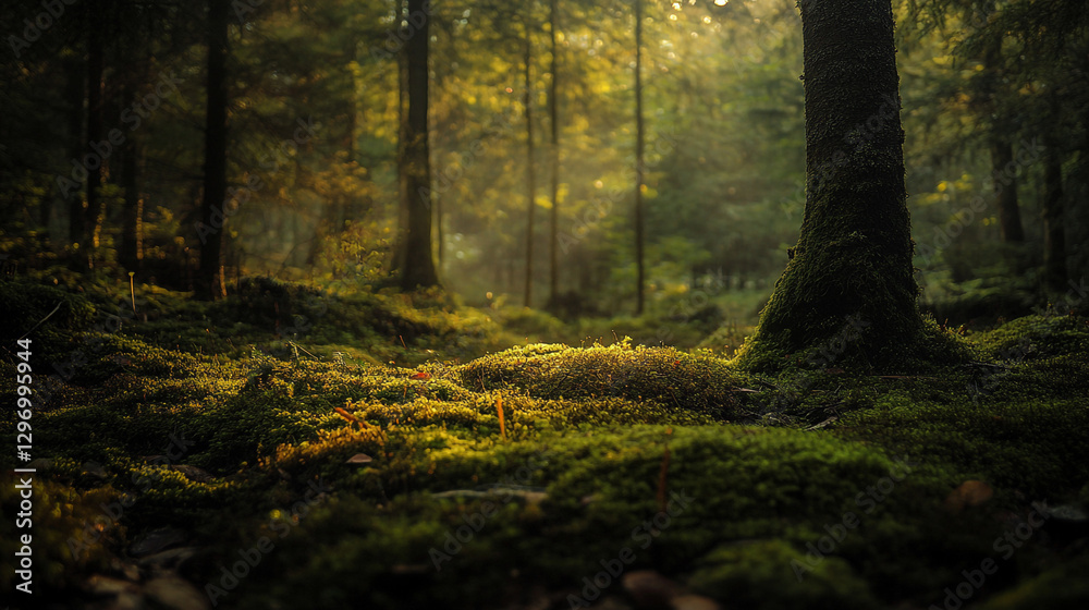 Obraz premium Serene green forest landscape with moss covered trees sunlight calm dark wild image rural nature