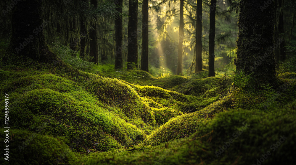 Fototapeta premium Sunlit forest scene with lush green mossy ground and tall trees calm wild woods image photo flora