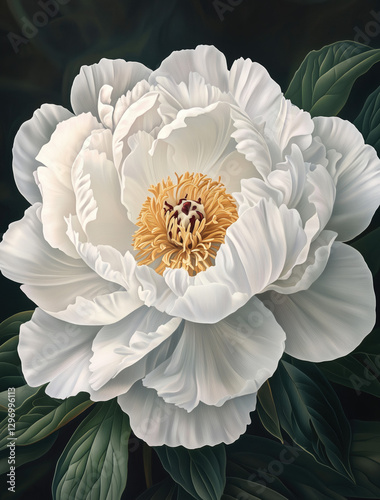 A vivid lifelike white peony with large, layered petals and a soft, glowing natural color palette in full bloom