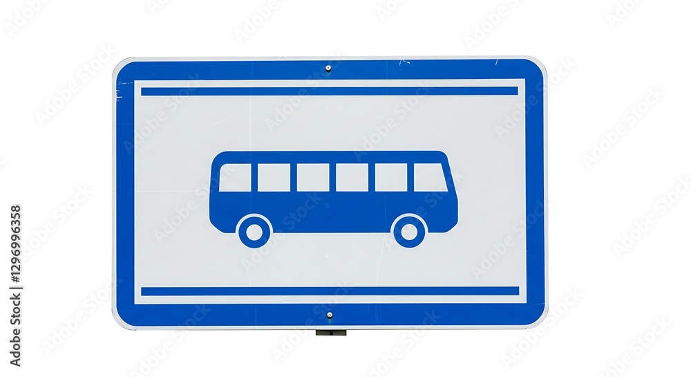 A bus stop sign in blue and white, featuring a simple bus icon, against a white background A bus stop sign in blue and white, featuring a simple bus icon, against a white background